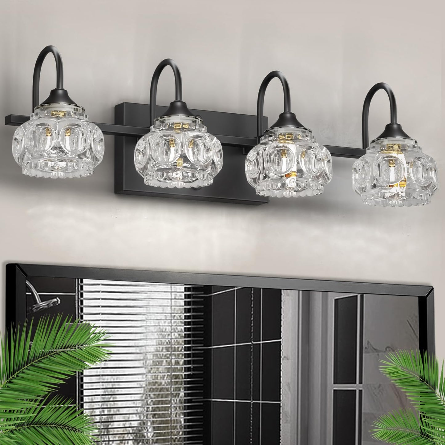 DIKAIDA 4-Light Bathroom Vanity Light Fixtures, Matte Black Modern Vanity Lights with Crystal Glass Shade, Over Mirror Modern Wall Lights for Kitchen Dinning Room Bedroom Balcony Hallway