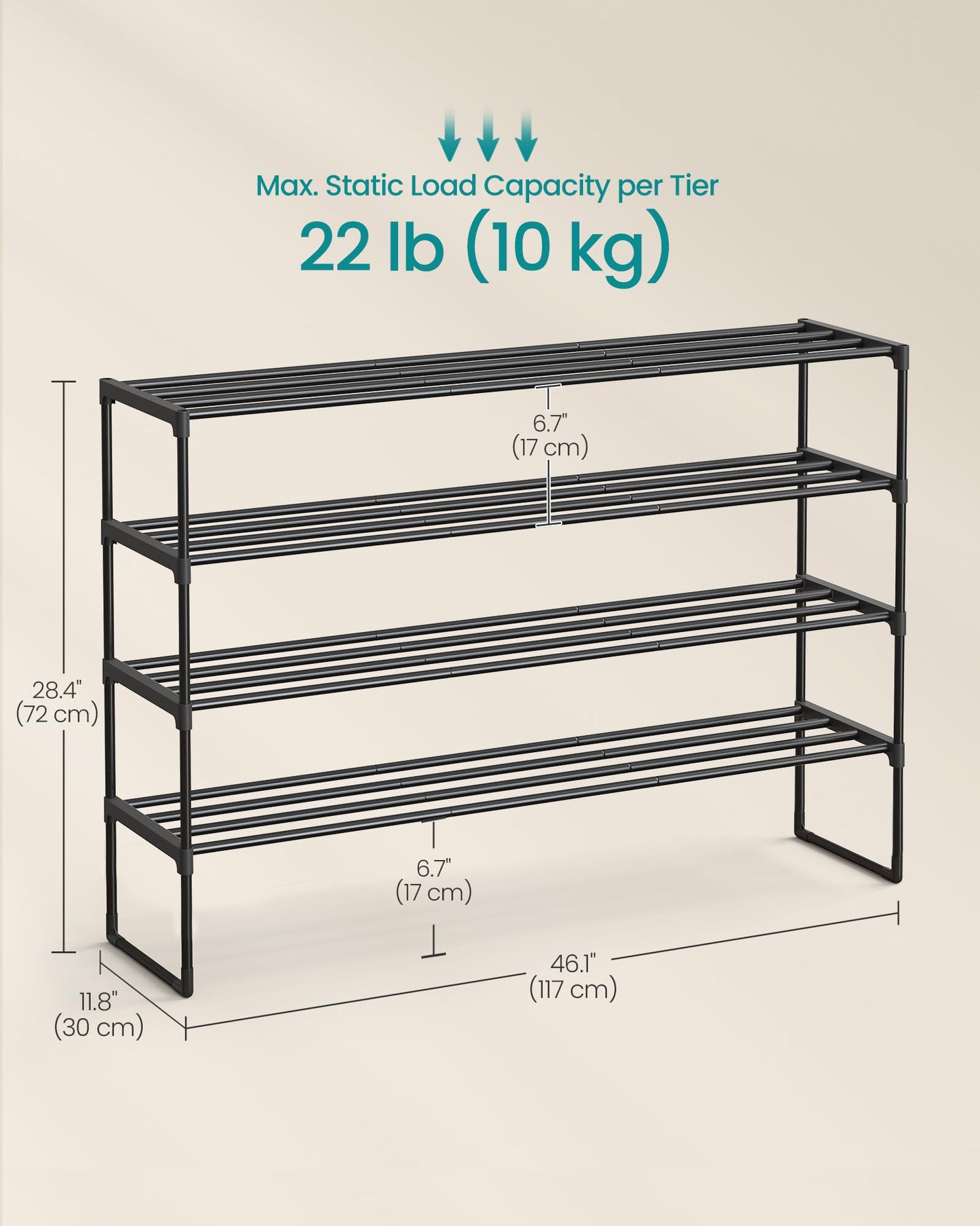 SONGMICS Shoe Rack, 4-Tier Shoe Organizer, Metal Storage Shelf, Upright or Upside Down, for 25-30 Pairs, Stackable, for Entryway, 11.8 x 46.1 x 28.4 Inches, Black ULSA034B01