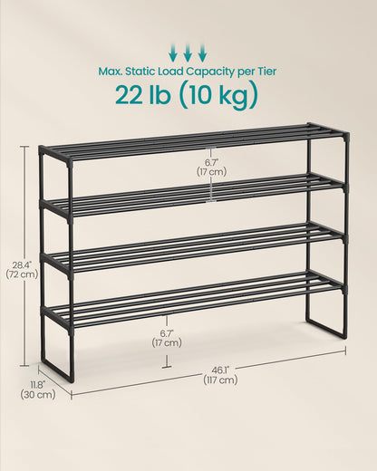 SONGMICS Shoe Rack, 4-Tier Shoe Organizer, Metal Storage Shelf, Upright or Upside Down, for 25-30 Pairs, Stackable, for Entryway, 11.8 x 46.1 x 28.4 Inches, Black ULSA034B01