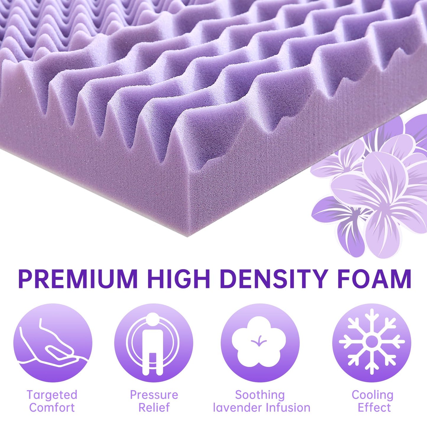 MUXHOMO 2 Inch 7-Zone Full Mattress Topper, Egg Crate Foam Mattress Topper Full Size for Back Pain, Lavender Cooling Gel Infused Bed Pad, CertiPUR-US and Oeko-TEX Certification (54"×75")