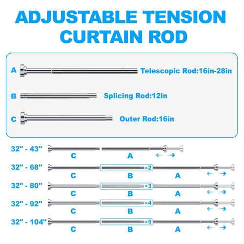 TEECK Shower Curtain Rod, 32-80 inch Adjustable Spring Tension Curtain Rod, Never Rust Anti-Slip Shower Curtain Rod for Bathroom, No Drilling, Never Collapse, Easy to Use, Silver