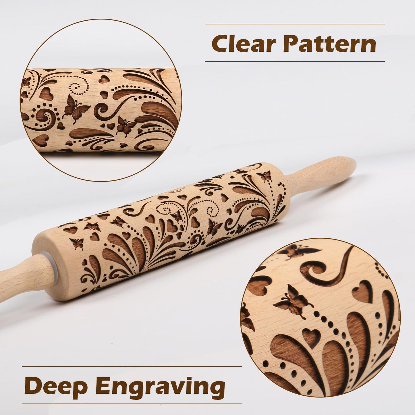 Embossed Rolling Pin for Baking Cookies Embossing Rolling Pins with Design Wooden Engraved Springerle Roller Pin Dough Christmas Patterned Clay Pottery Ceramic Bakers Women (Floral Butterfly Flower)