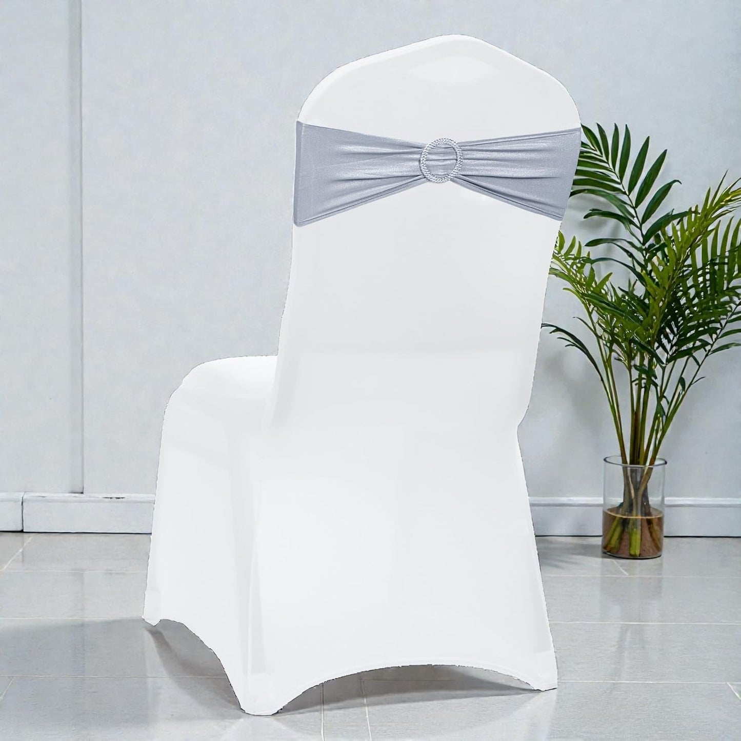 MDS Spandex Foil Chair Sashes - Universal Elastic Stretch Bow Ties with Buckle | Metallic Silver, Pack of 75