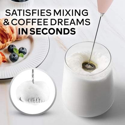Zulay Kitchen Milk Frother Wand - Ultra-Fast Handheld Electric Whisk for Coffee & Lattes - Pink Salt