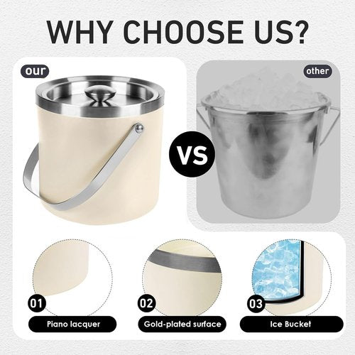 3L Beige-White Double Wall Insulated Stainless Steel Ice Bucket with Scoop for Cocktail Bar,Metal Ice Bucket for Freezer with Lid for Parties.ice Container to Keep Ice Colder,bar cart Accessories