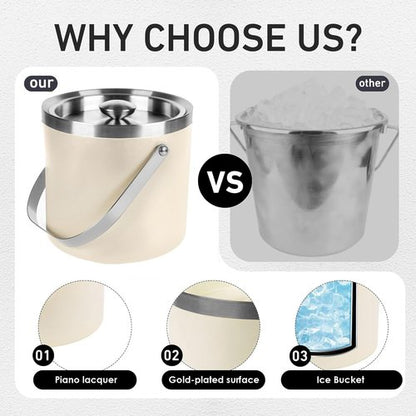 3L Beige-White Double Wall Insulated Stainless Steel Ice Bucket with Scoop for Cocktail Bar,Metal Ice Bucket for Freezer with Lid for Parties.ice Container to Keep Ice Colder,bar cart Accessories