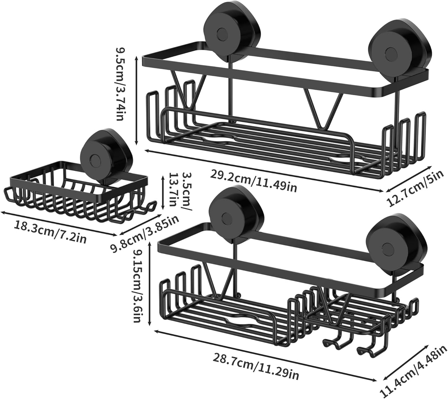 ZUNTO Shower Caddy | 3-Piece Suction Cup Organizer Set with Soap Holder & Hooks - No Drilling Required