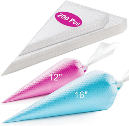 Skiennix Piping Bags - 200 PCS Tipless Disposable Pastry Bags for Cake & Cookie Decorating - 12 & 16 Inch