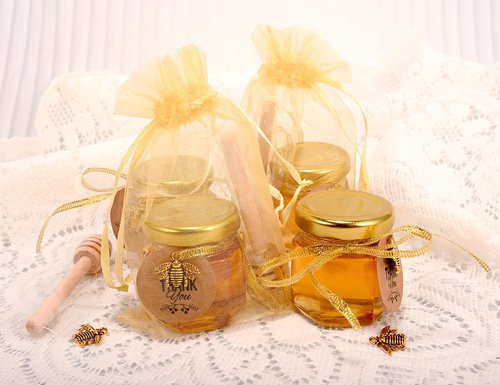 Ahhute Honey Pot, Mini Honey Jars with Dipper, Glass Honey Jars Baby Shower Favors, Party Favors & Wedding Favors, Lid, Bee Pendants, Gold Fabric Ribbons and Gold Organza Bags, 40 Pack 1.5oz