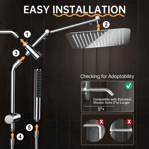 Veken All Metal 10" Shower Head with Handheld, Luxurious Square Double Rain Shower Heads,Power Wash Wand,Dual High Pressure Detachable Rainfall Showerhead with Spray Combo,Extension Arm,Chrome,Sliver