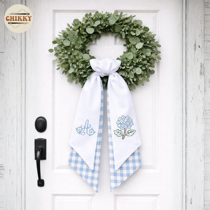 Regine Switzerland Monogram Wreath Sash Bow - Adjustable Farmhouse Door Decor | Hydrangea Design