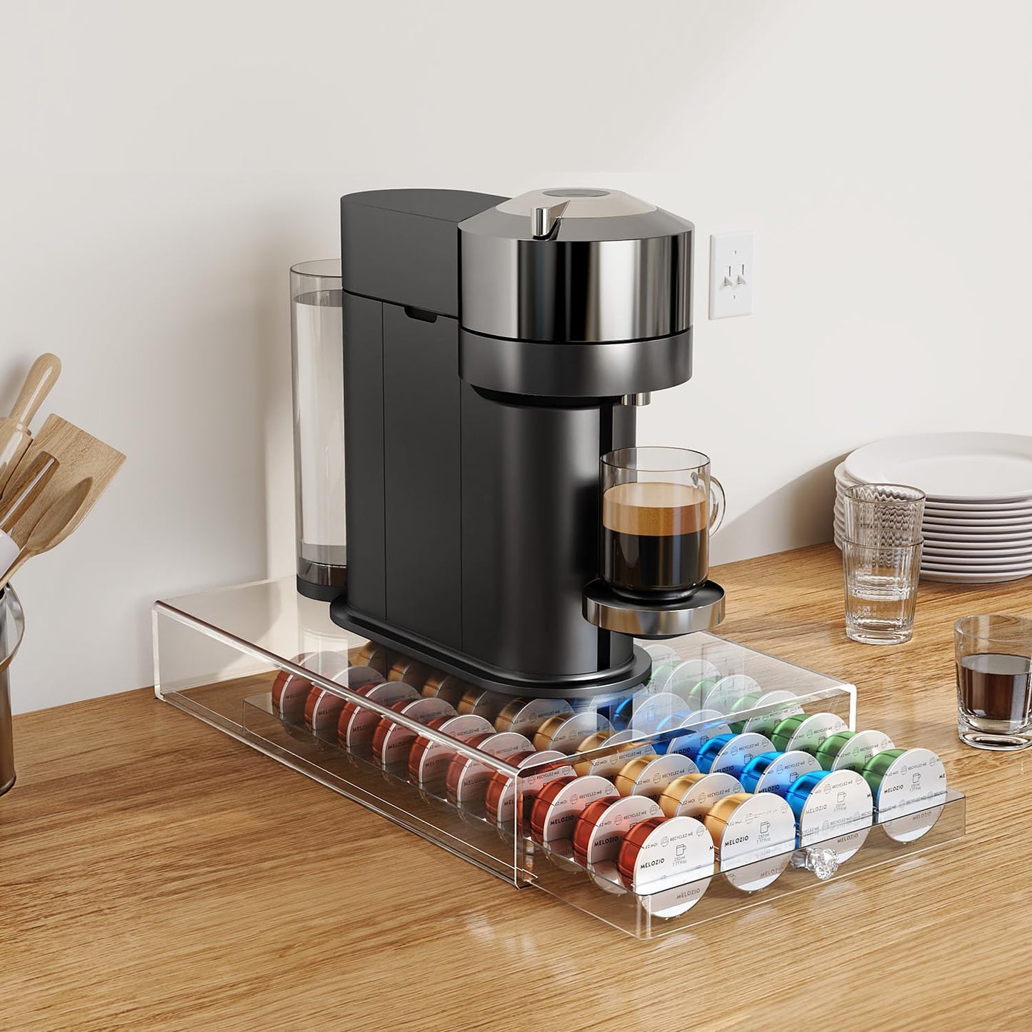 Skiennix Coffee Pods Holder - Acrylic Drawer for Nespresso & Dolce Gusto | 40 Pods Storage Solution