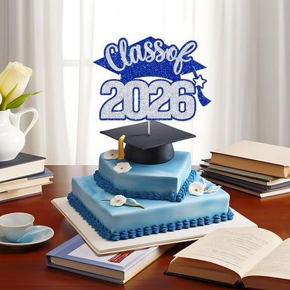 Class of 2026 Cake Topper - Glitter Graduation Decor for High School, College & University - Blue & Silver