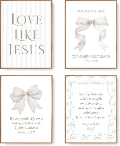 LARTSFRO Coquette Beige Bow Wall Art Decor - Inspirational Christian Posters for Teen Girls | 12x16 Inch Set of 4 Unframed