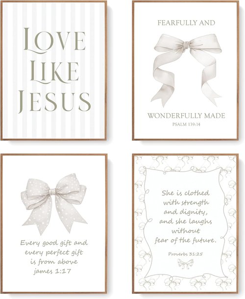 LARTSFRO Coquette Beige Bow Wall Art Decor - Inspirational Christian Posters for Teen Girls | 12x16 Inch Set of 4 Unframed