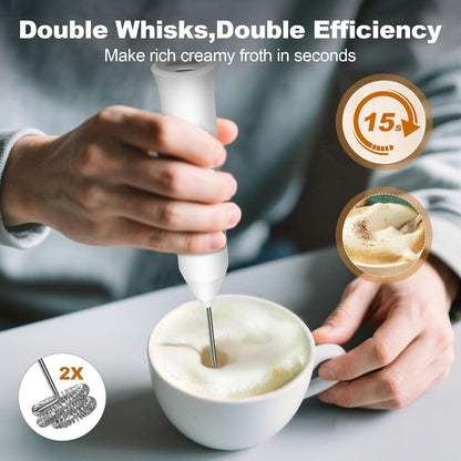 Skiennix Rechargeable Milk Frother - Handheld Electric Whisk with 2 Stainless Steel Whisks & 3 Speeds | Perfect for Coffee, Latte, Cappuccino, Matcha, Protein Shakes - White