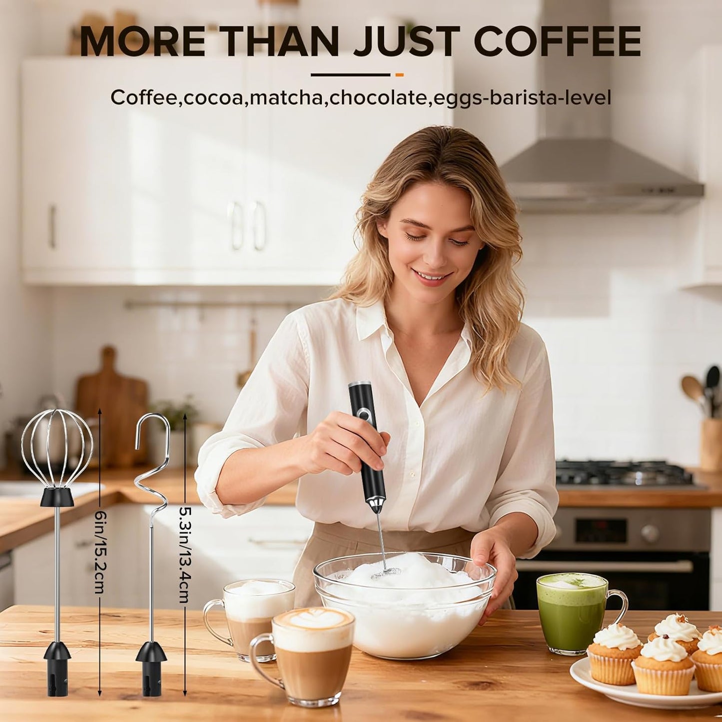 Skiennix Handheld Milk Frother - 3-Speed Rechargeable Wand with 3 Detachable Whisks | Perfect for Coffee, Latte, Cappuccino, Matcha & More (Black)