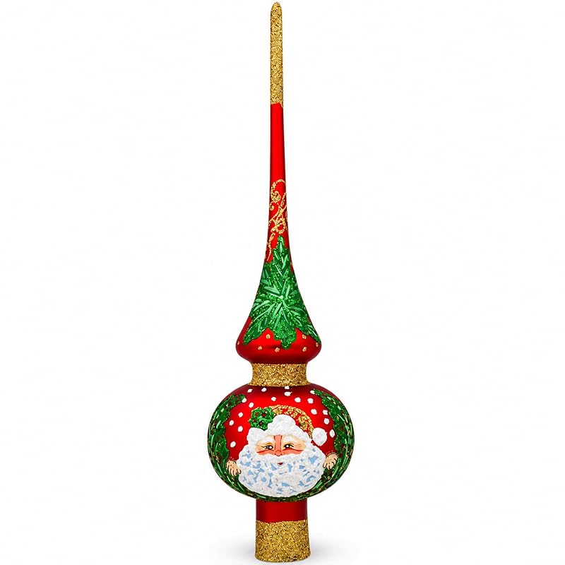 11-Inch Santa and Mistletoe Glass Tree Topper - Mouth-Blown German Glass