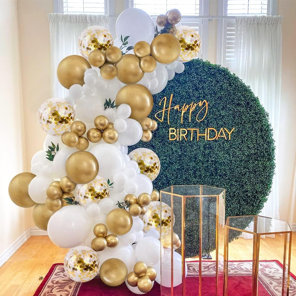 Bezente White Gold Balloon Arch Garland Kit - 100Pcs Metallic Chrome & Gold Confetti for Weddings & Parties