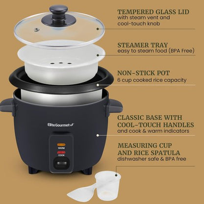 Elite Gourmet Electric Rice Cooker - Non-Stick Inner Pot & Steam Tray | 6 Cups Cooked, Black