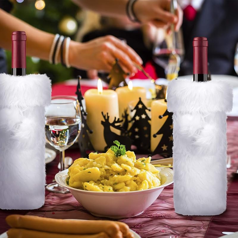 Boao 2-Piece White Faux Fur Wine Bottle Covers - Xmas Christmas Themed Bag, 32x9x9 cm
