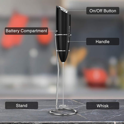 SimpleTaste Electric Milk Frother - Handheld Foam Maker with Stainless Steel Whisk for Lattes & Cappuccinos | Black with Stand