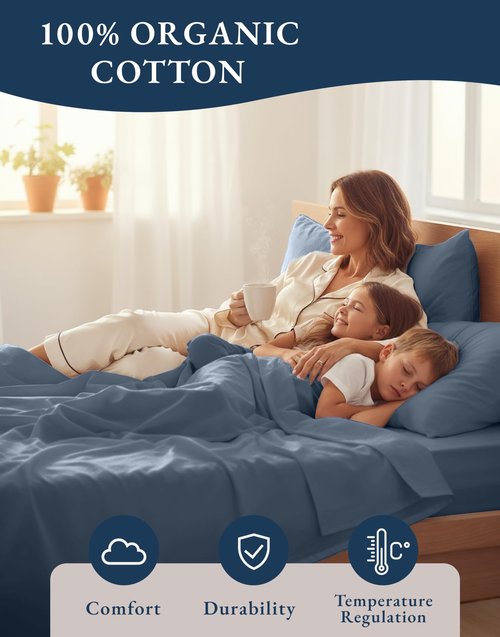 LANE LINEN 100% Organic Cotton Eco Friendly Fully Elasticized Twin XL Sheet Set, Low Pilling Fade Resistant Machine Washable Extra Long Twin Bedding Set, Soft & Comfy Cotton Sheets-Estate Blue
