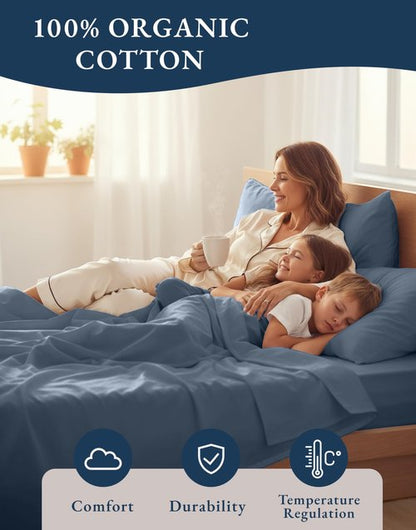 LANE LINEN 100% Organic Cotton Eco Friendly Fully Elasticized Twin XL Sheet Set, Low Pilling Fade Resistant Machine Washable Extra Long Twin Bedding Set, Soft & Comfy Cotton Sheets-Estate Blue