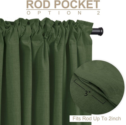 Skiennix 100% Blackout Linen Curtains - Thermal Insulated Drapes for Bedroom | 50" W x 90" L, Moss Green, 2 Panels Set