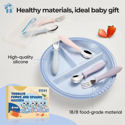 6 PCS Toddler Utensils Kids Silverware Set with Silicone Handle Children Food Grade 18/8 Stainless Steel Toddler Forks and Spoons Safe Anti-Choke Design Mirror Polished Sturdy Durable Dishwasher Safe