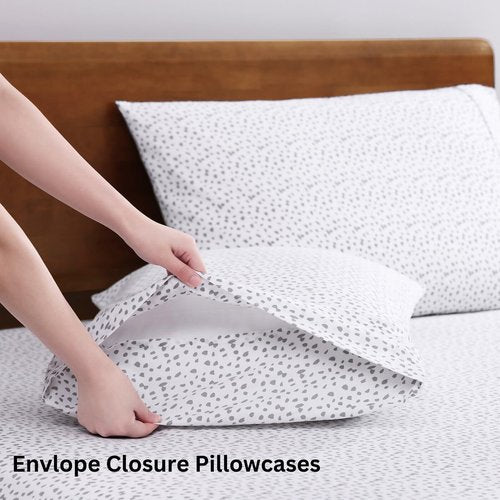 Lane Linen 100% Organic Cotton White (Grey Dot) Queen-Sheets Set, 4-Piece Long Staple Percale Weave Ultra Soft Best Bedding Sheets for Bed,Breathable,,Fits Mattress Upto 15inch Deep
