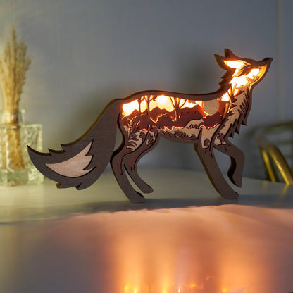 3D Wooden Animals Carving LED Night Light, Wood Carved Lamp Modern Festival Decoration Home Decor Desktop Desk Table Living Room Bedroom Office Farmhouse Shelf Statues Perfect Gifts (Long-Tailed Fox)