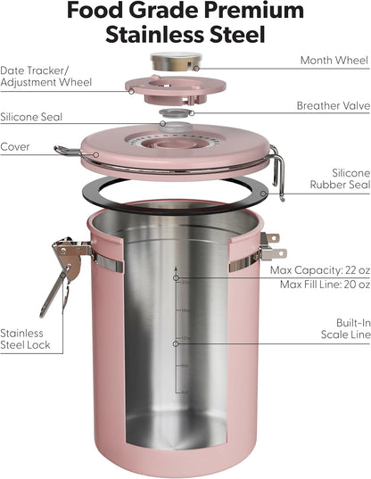Veken Coffee Canister - Airtight Stainless Steel Container with Window | 22oz Pink for Grounds, Beans & Tea