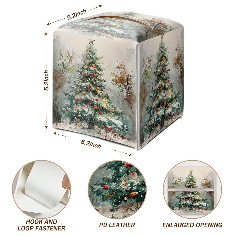 Christmas Tree Tissue Box Cover with Bottom Belt - Winter PU Leather, 5.2 x 5.2 x 5.2 Inches, Securable, White