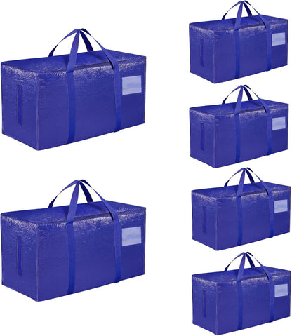 Skiennix Extra Large Heavy Duty Moving Bags - Waterproof Storage Totes with Zippers & Handles | 6 Pack (Blue)