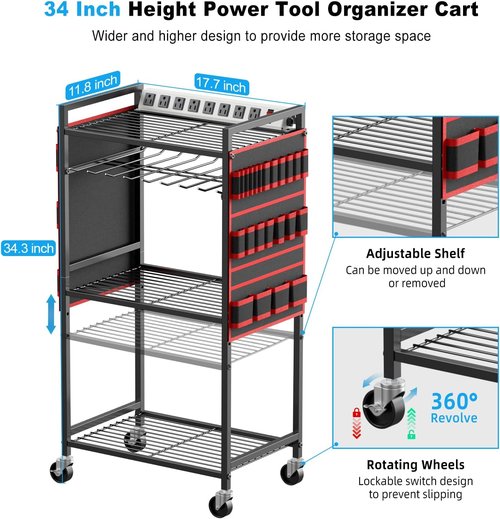 JUNNUJ Power Tool Organizer Cart - Heavy Duty Rolling Storage with Charging Station | Red