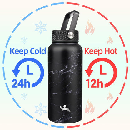 Skiennix 32 Oz Insulated Stainless Steel Water Bottle - Marble Midnight | 3 Lids Included
