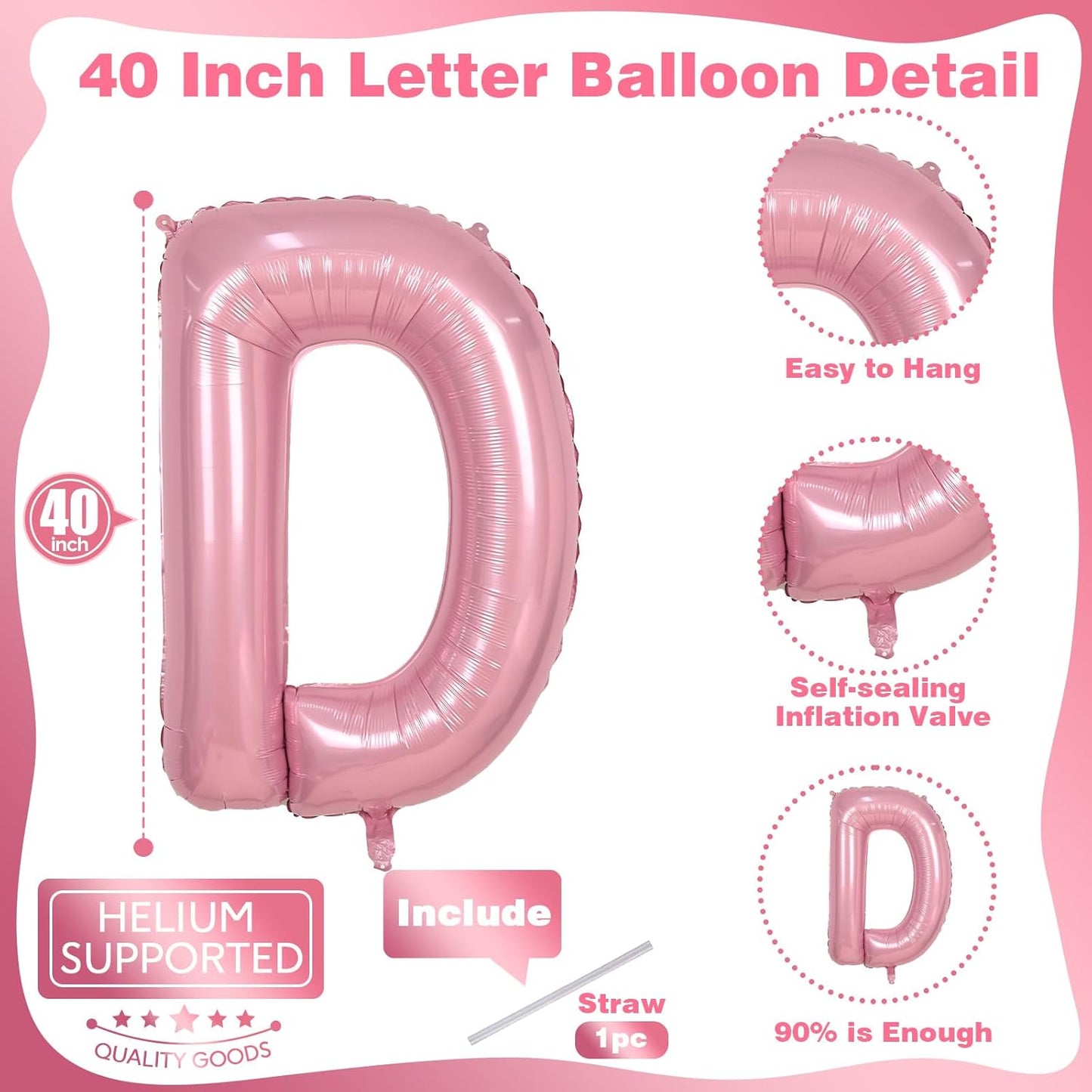 Pastel Pink D Balloon - 40 Inch Giant Mylar Foil Letter D for Girls' Birthday & Baby Shower Decorations