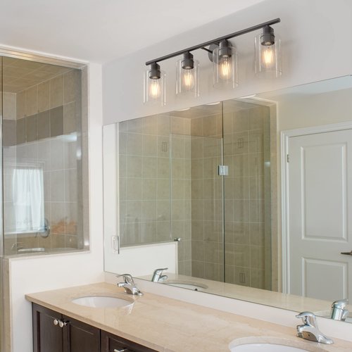 Espird 4 Light Bathroom Vanity Light Fixtures Black,Rustic Farmhouse Vanity Lighting Over Mirror Modern Industrial Lamp with Cylinder Glass Shade UL Certified