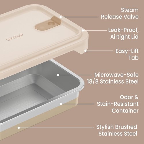Bentgo MicroSteel Heat & Eat Container - Microwave-Safe, Leak-Proof & Airtight | 5.5-Cup Gold Stainless Steel Food Storage