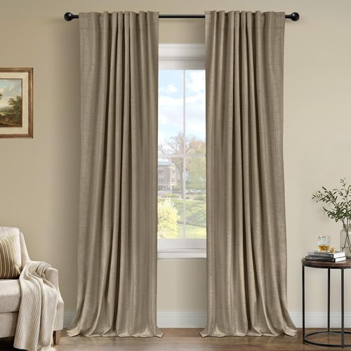 100% Blackout Shield Linen Blackout Curtains for Bedroom 90 Inches Long, Back Tab/Rod Pocket Living Room Drapes, Thermal Insulated Blackout Curtains 2 Panels Set, 50" W x 90" L, Plaza Taupe