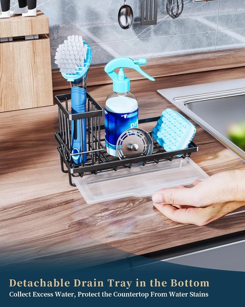 Consumest Sponge Holder - Kitchen Sink Caddy Organizer with Removable Drip Tray | 304 Stainless Steel - Black
