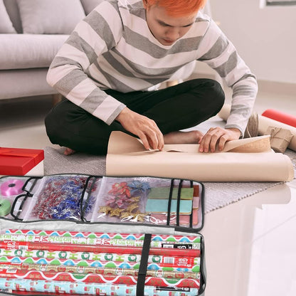Primode Gift Wrap Organizer - Christmas Wrapping Paper Storage Bag with Pockets | 37” x 14” x 4” | Durable 600D Oxford Material (Gray)
