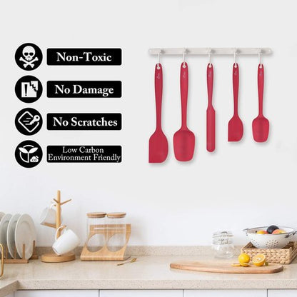 HOTEC Silicone Rubber Spatula Set - Heat Resistant 600℉, BPA-Free, Dishwasher Safe | Red, Set of 5