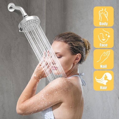 AISOSO Shower Head, 5 Modes High Pressure Shower Heads for Relaxed Shower Experience, 4.1 Inch Bathroom Fixed Showerhead Even at Low Water Pressure for Powerful Spray, Chrome