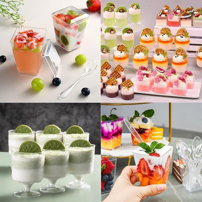 340 Pack Plastic Dessert Cups with Lids and Spoons, 5 OZ Mini Clear Square and Round Goblet Dessert Shooter Cups for Party, Fruit, Ice Cream and Pudding