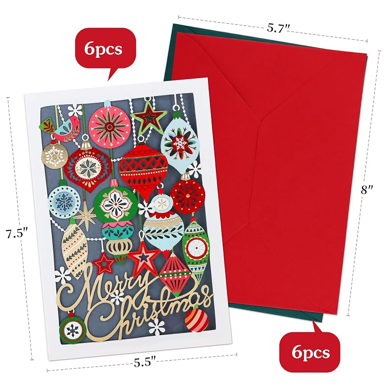 6 Pack 3D Laser Cut Christmas Cards - Xmas Holiday Set, Variation of THIS listing: Christmas03