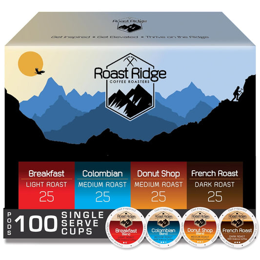 Roast Ridge Coffee Pods - Variety Pack for Keurig K-Cup Brewers | 100 Count (Light, Medium, Dark Roast)