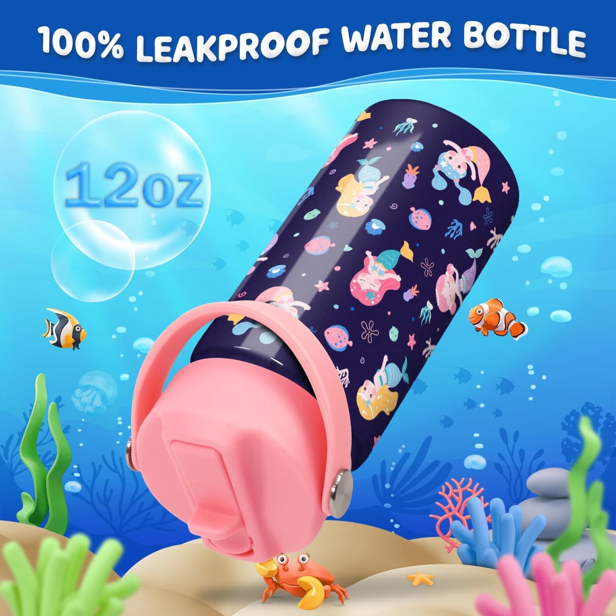 Skiennix Mermaid Water Bottle - Insulated 12 Oz Stainless Steel Cup with Straw Lid for Girls | Perfect for School & Sports