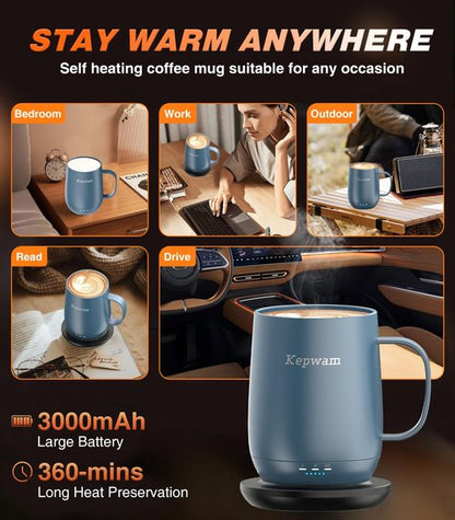 Kepwam Self Heating Coffee Mug, 16oz Smart Heated Coffee Mug, 150 Min Battery Life - Hot up to 149℉ Temperature Control Coffee Mug Warmer, Gifts for Women and Men